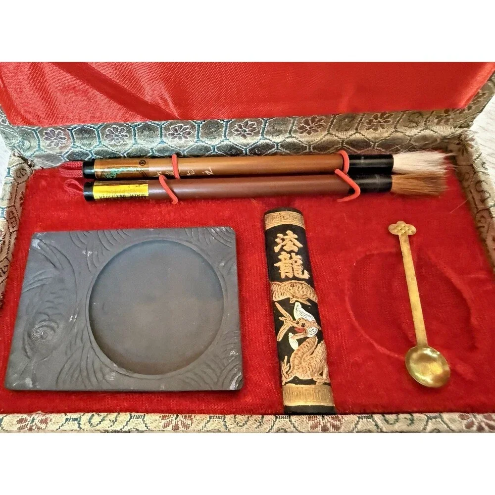 Japanese Calligraphy Set Inkstone Brush Writing Tools Silk Covered Storage Box